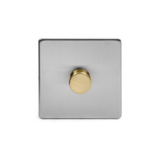 Soho Fusion Brushed Chrome & Brushed Brass 1 Gang 2 Way Trailing Dimmer Screwless 100W LED (250w Halogen/Incandescent)