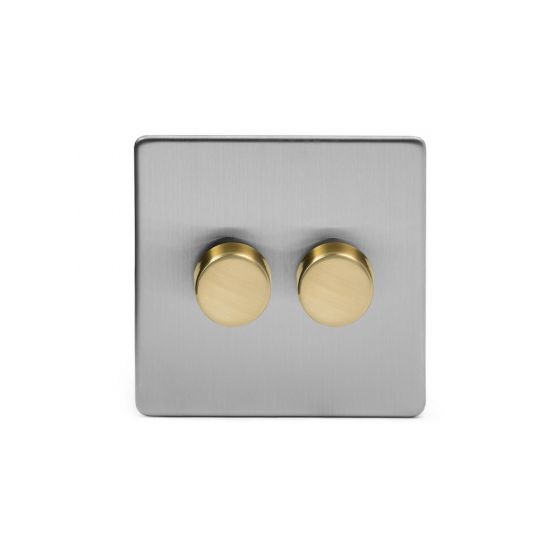 Soho Fusion Brushed Chrome & Brushed Brass 2 Gang 2 Way Trailing Dimmer Screwless 100W LED (250w Halogen/Incandescent)
