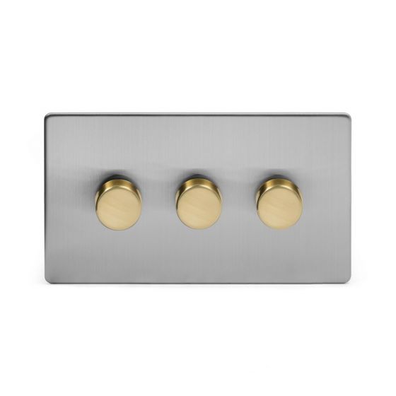 Soho Fusion Brushed Chrome & Brushed Brass 3 Gang 2 Way Trailing Dimmer Screwless 100W LED (250w Halogen/Incandescent)