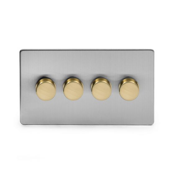 Soho Fusion Brushed Chrome & Brushed Brass 4 Gang 2 Way Trailing Dimmer Screwless 100W LED (250w Halogen/Incandescent)