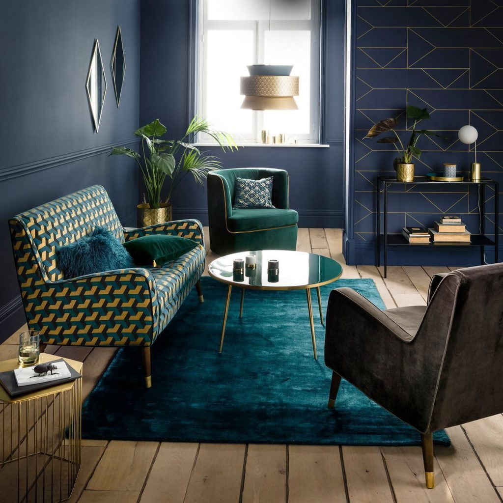 Blue and gold art deco living room