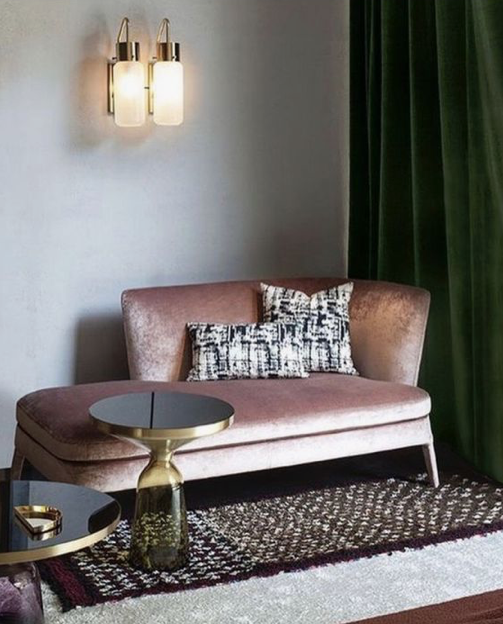 splendid pink sofa and green curtains