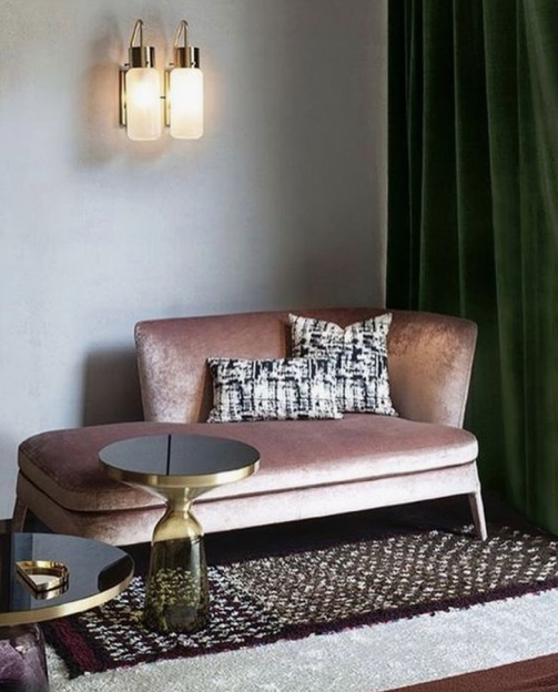 splendid pink sofa and green curtains 